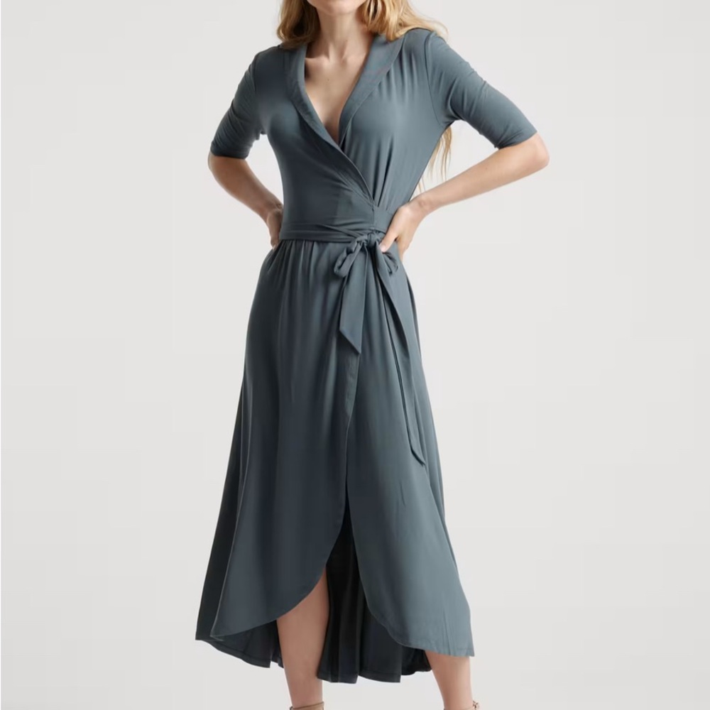 Quince Olive Wrap Jersey Midi Dress with Tie Front and V-Neck